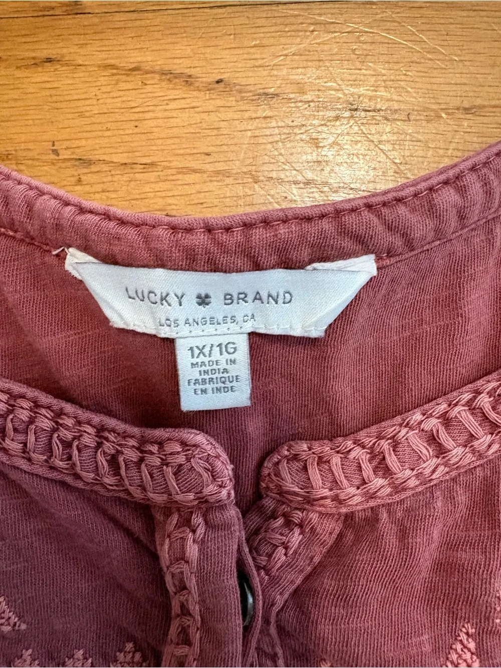 Lucky Brand 1X 100% Cotton Embroidered Boho Peasant Top Dusty Rose